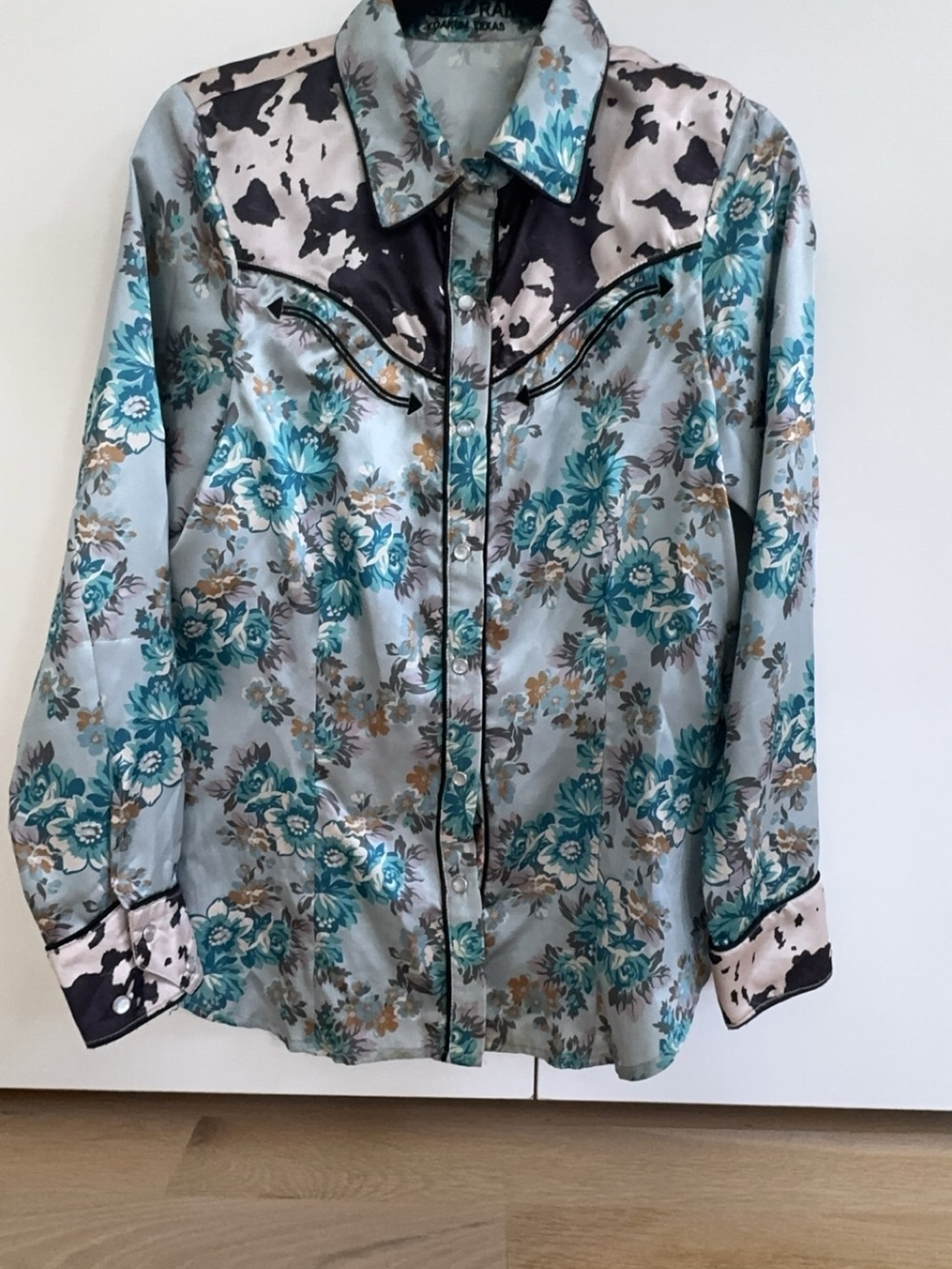 Double D Ranch Teal Floral Satin Western Shirt Jacket with Black Yoke